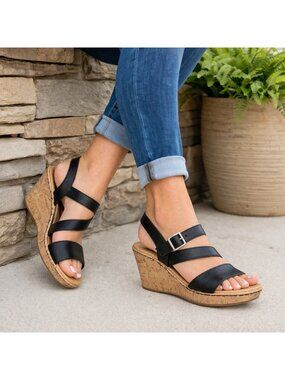 BOC Born Concept Cork Wedge Sandals Womens 11 Black Leather Strappy Comfort
